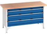 Bott Kastenwerkbank cubio, Buche-Multiplexplatte, B 1500 x T 750 x H 840 mm, Tragkraft 600 kg, 3 Schubladen, lichtgrau/enzianblau