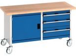 Bott Kastenwerkbank Cubio, 4 Lenkrollen, 3 Schubladen, 1 Tür, 40 mm Buche-Multiplexplatte, B 1500 x T 750 x H 840 mm, enzianblau/lichtgrau