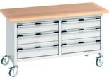 Bott Kastenwerkbank cubio, 6 Schubladen, 4 feststellabre Rollen, Buche-Multiplexplatte, B 1500 x T 750 x H 840 mm, lichtgrau/lichtgrau