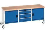 Bott Kastenwerkbank cubio, 4 Lenkrollen, 3 Schubladen, Buche-Multiplexplatte, B 2000 x T 750 x H 840 mm, enzianblau/lichtgrau