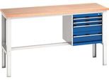 Bott Werkbank cubio, manuell höhenverstellbar, Buche-Multiplexplatte, B 2000 x T 750 x H 740-1140 mm, 600 kg, lichtgrau/enzianblau
