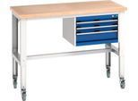 Bott Werkbank cubio, 4 Rollen, mit Hängeschrank, Buche-Multiplexplatte, B 1500 x T 750 mm, Stahlblech, enzianblau/lichtgrau
