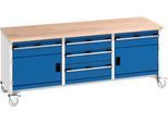 Bott Kastenwerkbank cubio, 5 Schubladen, Buche-Massiv, 4 Lenkrollen, B 2000 x T 750 x H 840 mm, enzianblau/lichtgrau