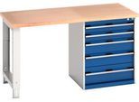 Bott Werkbank cubio, mit Schubladenschrank, Buche-Multiplexplatte, B 1500 x T 750 x H 840 mm, bis 1200 kg, Stahl, lichtgrau/enzianblau