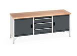 Bott Kastenwerkbank cubio, mit 3 Schubladen, Stahl, Buche-Multiplexplatte, B 2000 x T 750 x H 840 mm, lichtgrau/anthrazit
