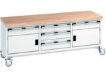 Bott Kastenwerkbank cubio, 5 Schubladen, Buche-Massiv, 4 Lenkrollen, B 2000 x T 750 x H 840 mm, lichtgrau/lichtgrau