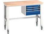 Bott Werkbank cubio, 4 Rollen, mit Hängeschrank, Buche-Massivplatte, B 1500 x T 750 mm, enzianblau/lichtgrau