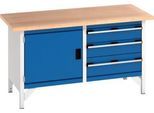Bott Kastenwerkbank KW-1578-2.3, 3 geschlossene Schubladen, Flügeltür, Buche-Multiplexplatte, 1500 x 750 x 840 mm, enzianblau/lichtgrau