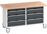 Bott Kastenwerkbank cubio, 6 Schubladen, 4 feststellabre Rollen, Buche-Massiv, B 1500 x T 750 x H 840 mm, anthrazit/lichtgrau