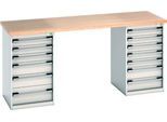 Bott Werkbank Cubio, Buche-Multiplexplatte 40 mm, B 2000 x T 750 x H 940 mm, Stahl, 13 Schubladen, Buche/enzianblau RAL 5010/lichtgrau RAL 7035