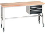 Bott Werkbank cubio mobil mit Hängeschrank, Buche-Multiplexplatte, B 2000 x T 750 mm, Stahlblech, lichtgrau/anthrazit