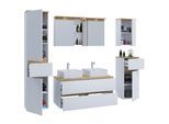 VCM 7-tlg. Doppelwaschtisch Cosila mit 2 Keramikbecken – Badschrank H. 51 x B. 111 x T. 51 cm mit 2 Softclose-Schubladen, Spiegelschrank mit Beleuchtung & Steckdose, Midi und Hängeschrank, Waschplatz Set Cosila-A