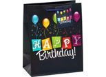 Geschenktüte TSI Happy Birthday, Format A5, mit Tragekordel und Beschriftungskärtchen, B 180 x T 100 x H 230 mm, PP-Folie, schwarz, 3 Stück