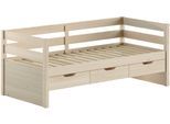 Funktionsbett VIPACK "Margrit, mit 3 Schubladen, zeitloses Design universell einsetzbar", beige (weiß transparent, weiß transparent), B:97,8cm H:85,5cm L:211cm, Daybetten, Funktionsbett, stabiles Massivholzbett, wahlweise in 2 Farben erhältlich
