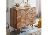 Massivholz Schubladenkommode 90cm Akazie Natur Kommode mit 3 Schubladen Sideboard Metall gold