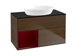 Villeroy und Boch Finion Waschtischunterschrank FA12HBGN 100cm, Abdeckplatte black matt, Regale Peony matt lacquer, Walnut veneer