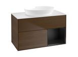 Villeroy und Boch Finion Waschtischunterschrank GA21PDGN 100cm, Abdeckplatte white matt, Emotion, Regale Black matt lacquer, Walnut veneer