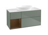 Villeroy und Boch Finion Waschtischunterschrank FA61GNGM 120cm, Abdeckplatte white matt, Regale Walnut Veneer, Olive Matt Lacquer
