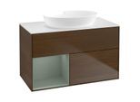 Villeroy und Boch Finion Waschtischunterschrank FA11GMGN 100cm, Abdeckplatte white matt, Regale Olive matt lacquer, Walnut veneer