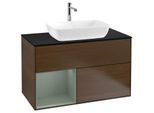 Villeroy und Boch Finion Waschtischunterschrank F772GMGN 100cm, Abdeckplatte black matt, Regale Olive matt lacquer, Walnut veneer