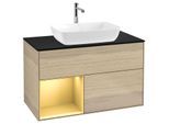 Villeroy und Boch Finion Waschtischunterschrank F772HFPC 100cm, Abdeckplatte black matt, Regale Gold matt lacquer, Oak Veneer