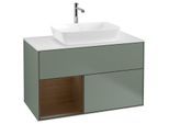 Villeroy und Boch Finion Waschtischunterschrank F771GNGM 100cm, Abdeckplatte white matt, Regale Walnut Veneer, Olive Matt Lacquer