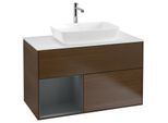 Villeroy und Boch Finion Waschtischunterschrank F771HGGN 100cm, Abdeckplatte white matt, Regale Midnight matt lacquer, Walnut veneer