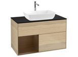 Villeroy und Boch Finion Waschtischunterschrank F772GNPC 100cm, Abdeckplatte black matt, Regale Walnut Veneer, Oak Veneer
