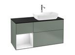 Villeroy und Boch Finion Waschtischunterschrank G802GFGM 120cm, Abdeckplatte black matt, Emotion, Regale Glossy white lacquer, Olive Matt Lacquer