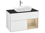 Villeroy und Boch Finion Waschtischunterschrank F782PCGF 100cm, Abdeckplatte black matt, Regale Oak Veneer, Glossy white lacquer