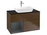 Villeroy und Boch Finion Waschtischunterschrank G772HGGN 100cm, Abdeckplatte black matt, Emotion, Regale Midnight matt lacquer, Walnut veneer
