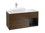 Villeroy und Boch Finion Waschtischunterschrank F811PDGN 120cm, Abdeckplatte white matt, Regale Black matt lacquer, Walnut veneer