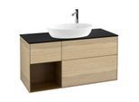 Villeroy und Boch Finion Waschtischunterschrank F942GNPC 120cm, Abdeckplatte black matt, Regale Walnut Veneer, Oak Veneer