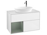 Villeroy und Boch Finion Waschtischunterschrank G891GMGF 100cm, Abdeckplatte white matt, Emotion, Regale Olive matt lacquer, Glossy white lacquer