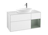 Villeroy und Boch Finion Waschtischunterschrank F951GMGF 120cm, Abdeckplatte white matt, Regale Olive matt lacquer, Glossy white lacquer