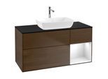 Villeroy und Boch Finion Waschtischunterschrank F832GFGN 120cm, Abdeckplatte black matt, Regale Glossy white lacquer, Walnut veneer