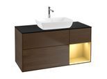 Villeroy und Boch Finion Waschtischunterschrank F832HFGN 120cm, Abdeckplatte black matt, Regale Gold matt lacquer, Walnut veneer