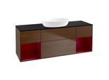 Villeroy und Boch Finion Waschtischunterschrank FD02HBGN 120cm, Abdeckplatte black matt, Regale Peony matt lacquer, Walnut veneer