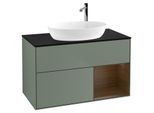 Villeroy und Boch Finion Waschtischunterschrank F902GNGM 100cm, Abdeckplatte black matt, Regale Walnut Veneer, Olive Matt Lacquer