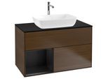 Villeroy und Boch Finion Waschtischunterschrank F772PDGN 100cm, Abdeckplatte black matt, Regale Black matt lacquer, Walnut veneer