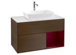 Villeroy und Boch Finion Waschtischunterschrank G781HBGN 100cm, Abdeckplatte white matt, Emotion, Regale Peony matt lacquer, Walnut veneer