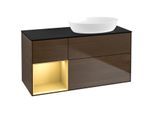 Villeroy und Boch Finion Waschtischunterschrank FA42HFGN 120cm, Abdeckplatte black matt, Regale Gold matt lacquer, Walnut veneer