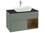 Villeroy und Boch Finion Waschtischunterschrank F782GNGM 100cm, Abdeckplatte black matt, Regale Walnut Veneer, Olive Matt Lacquer