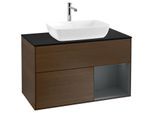Villeroy und Boch Finion Waschtischunterschrank F782HGGN 100cm, Abdeckplatte black matt, Regale Midnight matt lacquer, Walnut veneer