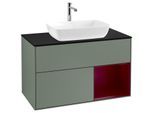 Villeroy und Boch Finion Waschtischunterschrank F782HBGM 100cm, Abdeckplatte black matt, Regale Peony matt lacquer, Olive Matt Lacquer