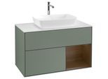Villeroy und Boch Finion Waschtischunterschrank F781GNGM 100cm, Abdeckplatte white matt, Regale Walnut Veneer, Olive Matt Lacquer