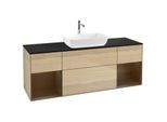 Villeroy und Boch Finion Waschtischunterschrank F862GNPC 160cm, Abdeckplatte black matt, Regale Walnut Veneer, Oak Veneer