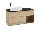 Villeroy und Boch Finion Waschtischunterschrank F932GNPC 120cm, Abdeckplatte black matt, Regale Walnut Veneer, Oak Veneer
