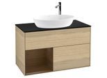 Villeroy und Boch Finion Waschtischunterschrank F892GNPC 100cm, Abdeckplatte black matt, Regale Walnut Veneer, Oak Veneer
