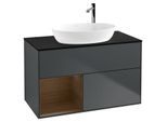 Villeroy und Boch Finion Waschtischunterschrank F892GNHG 100cm, Abdeckplatte black matt, Regale Walnut Veneer, Midnight Blue Matt Lacquer